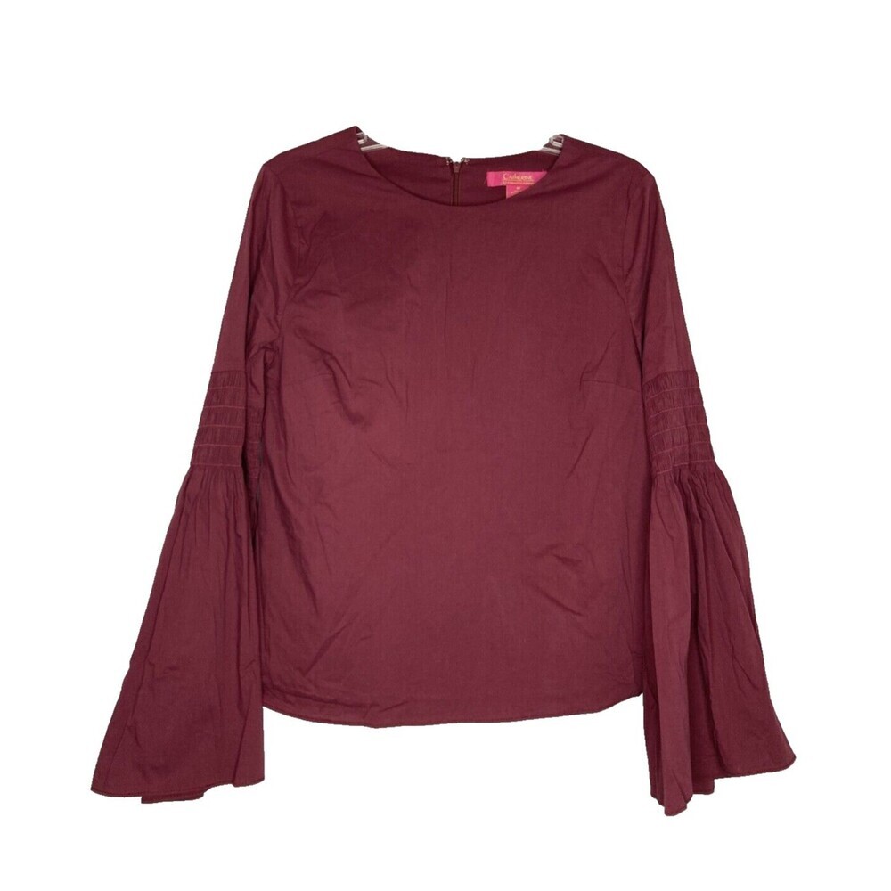 Catherine Malandrino Top Women M Smocked Flare Bell Sleeves‎ Burgundy Blouse